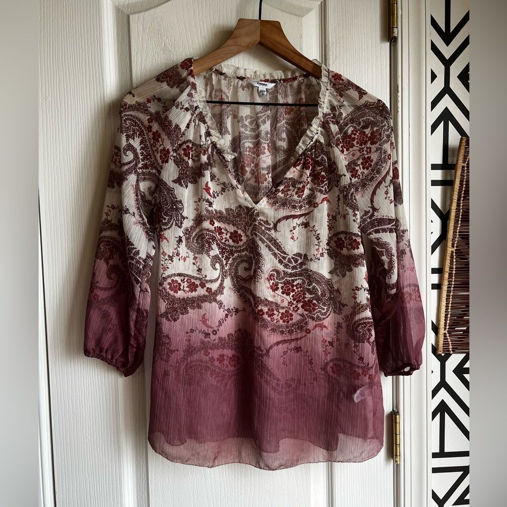 ☀️ 3 For $15 Paisley V-Neck Blouse - Burgundy and Cream